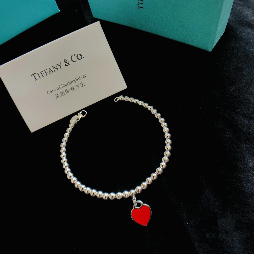 New Year Style ❤️ T Brand Heart Buddha Bead Bracelet Necklace in S925 Sterling Silver with Enamel Resin [Red Logo Detail, Classic Heart Bracelet]