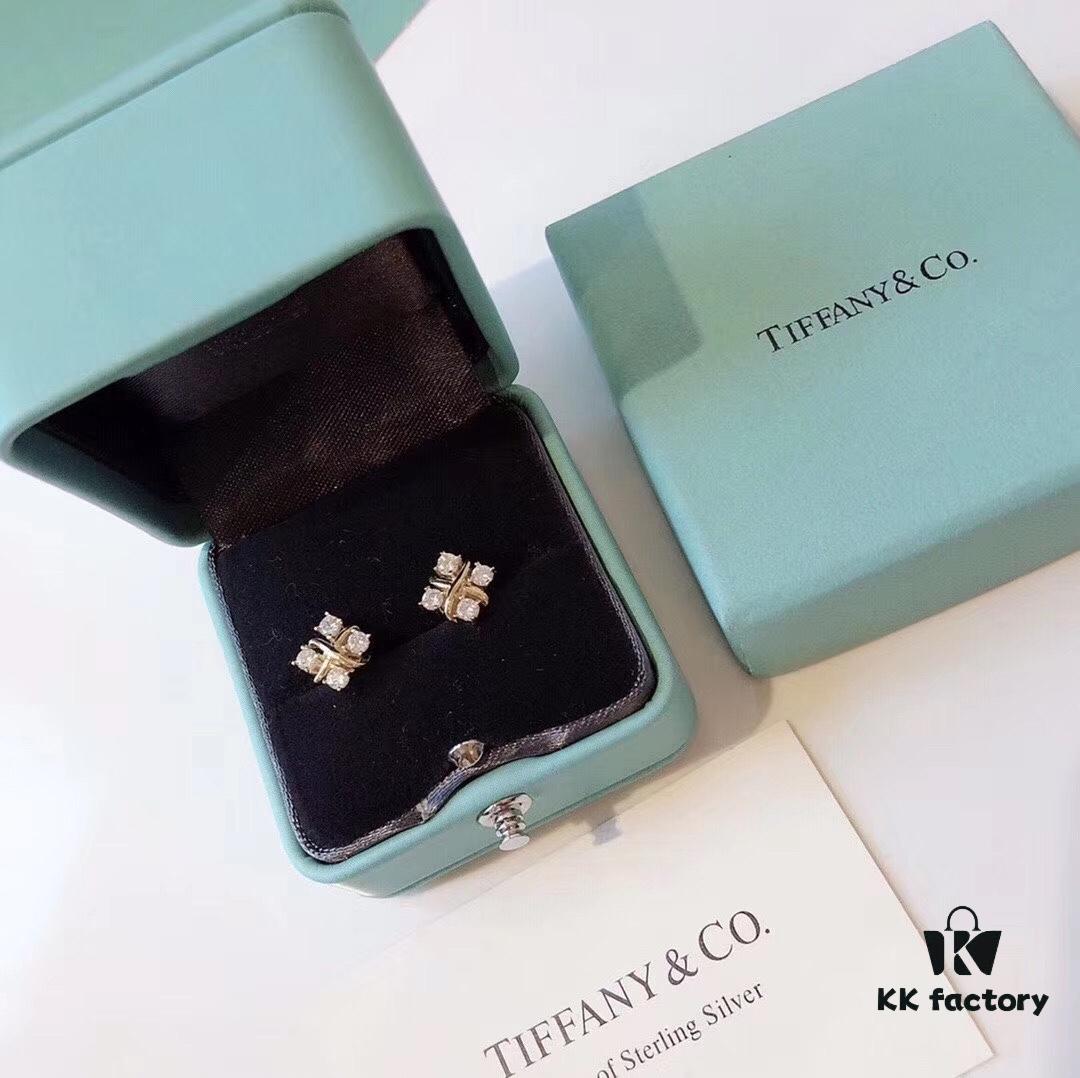 692fd6e999f2d84055c8aa0c Tiffany & Co. Schlumberger Collection Cross Four-Diamond Stud Earrings, Minimalist and Versatile, Yellow Gold Tone, Premium S925 Sterling Silver Plated with 14K Gold, Dual-Tone Plating