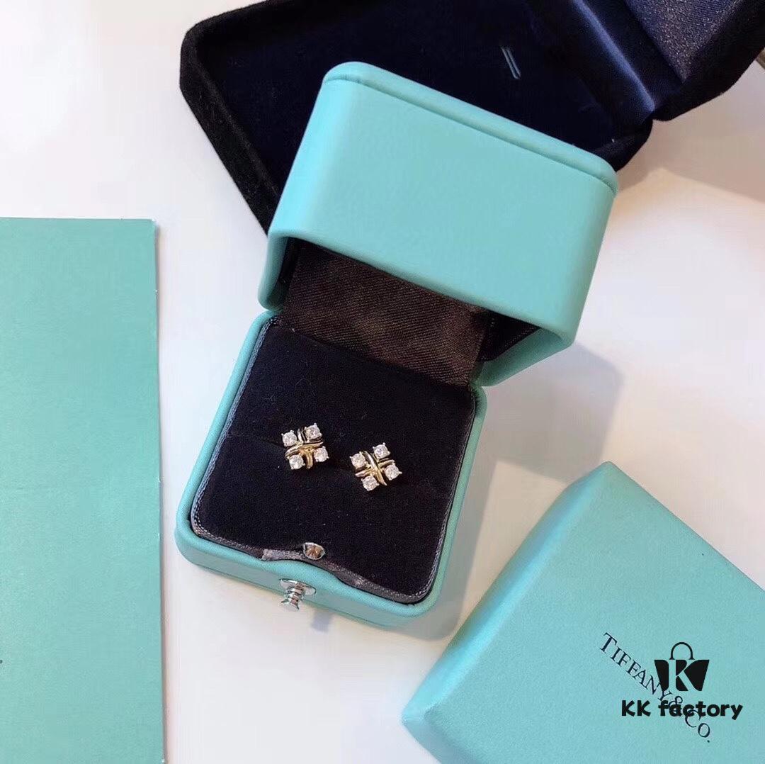 692fd6e999f2d84055c8aa0d Tiffany & Co. Schlumberger Collection Cross Four-Diamond Stud Earrings, Minimalist and Versatile, Yellow Gold Tone, Premium S925 Sterling Silver Plated with 14K Gold, Dual-Tone Plating
