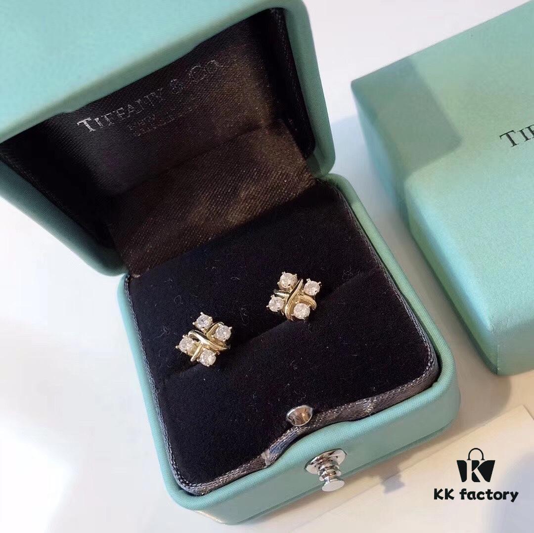 692fd6ea99f2d84055c8aa0f Tiffany & Co. Schlumberger Collection Cross Four-Diamond Stud Earrings, Minimalist and Versatile, Yellow Gold Tone, Premium S925 Sterling Silver Plated with 14K Gold, Dual-Tone Plating