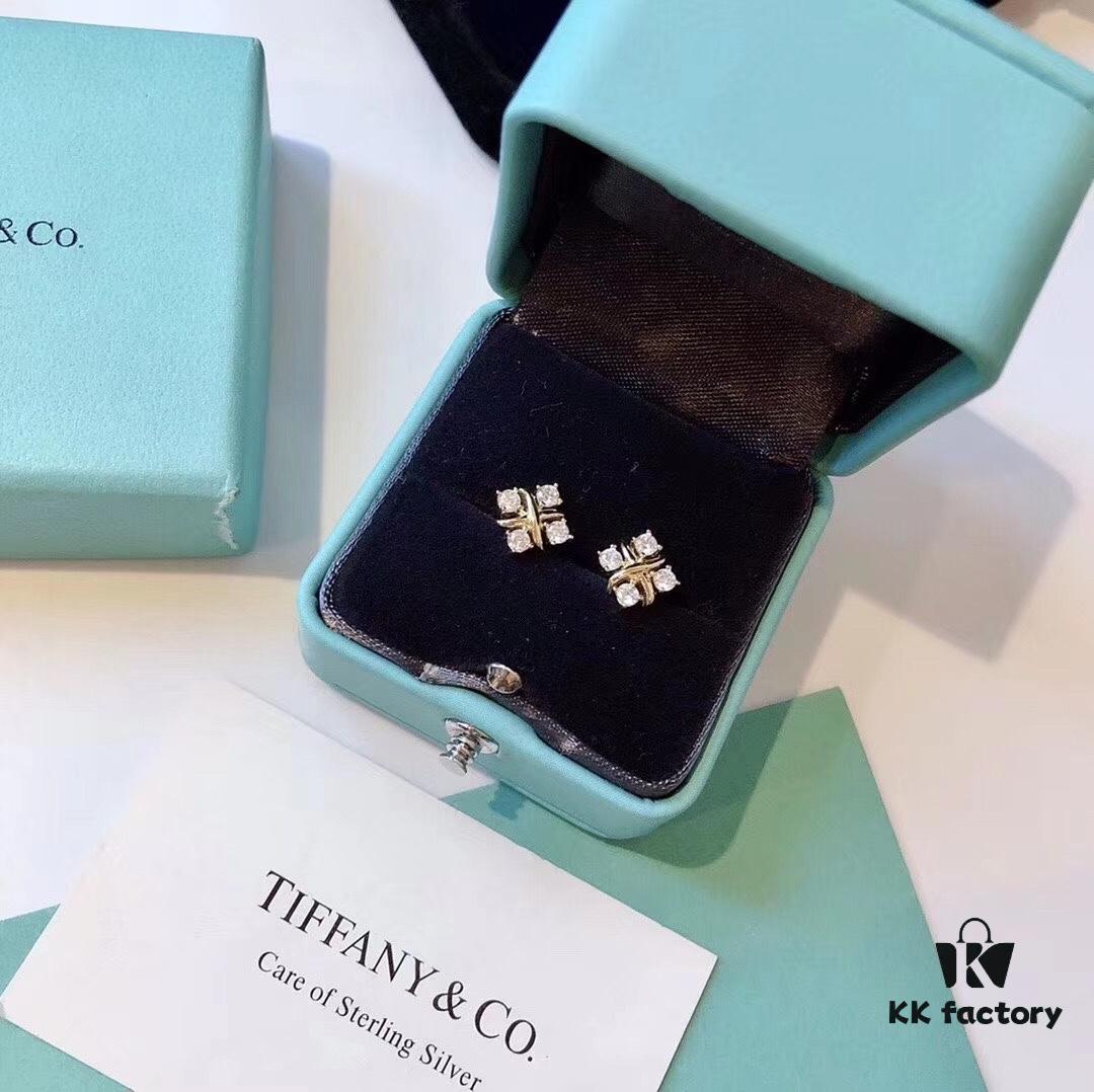 692fd6ea99f2d84055c8aa10 Tiffany & Co. Schlumberger Collection Cross Four-Diamond Stud Earrings, Minimalist and Versatile, Yellow Gold Tone, Premium S925 Sterling Silver Plated with 14K Gold, Dual-Tone Plating