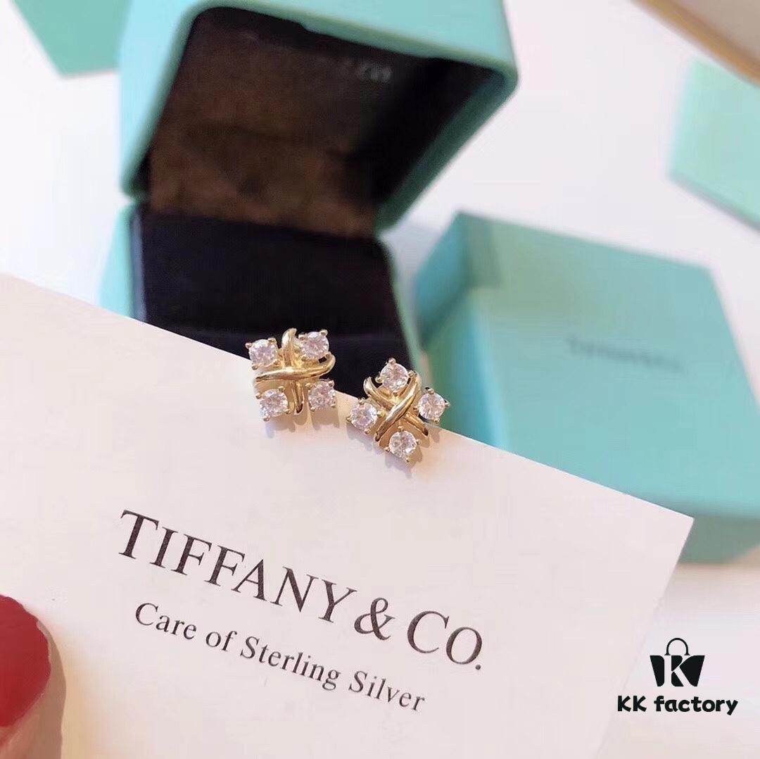692fd6eb99f2d84055c8aa11 Tiffany & Co. Schlumberger Collection Cross Four-Diamond Stud Earrings, Minimalist and Versatile, Yellow Gold Tone, Premium S925 Sterling Silver Plated with 14K Gold, Dual-Tone Plating