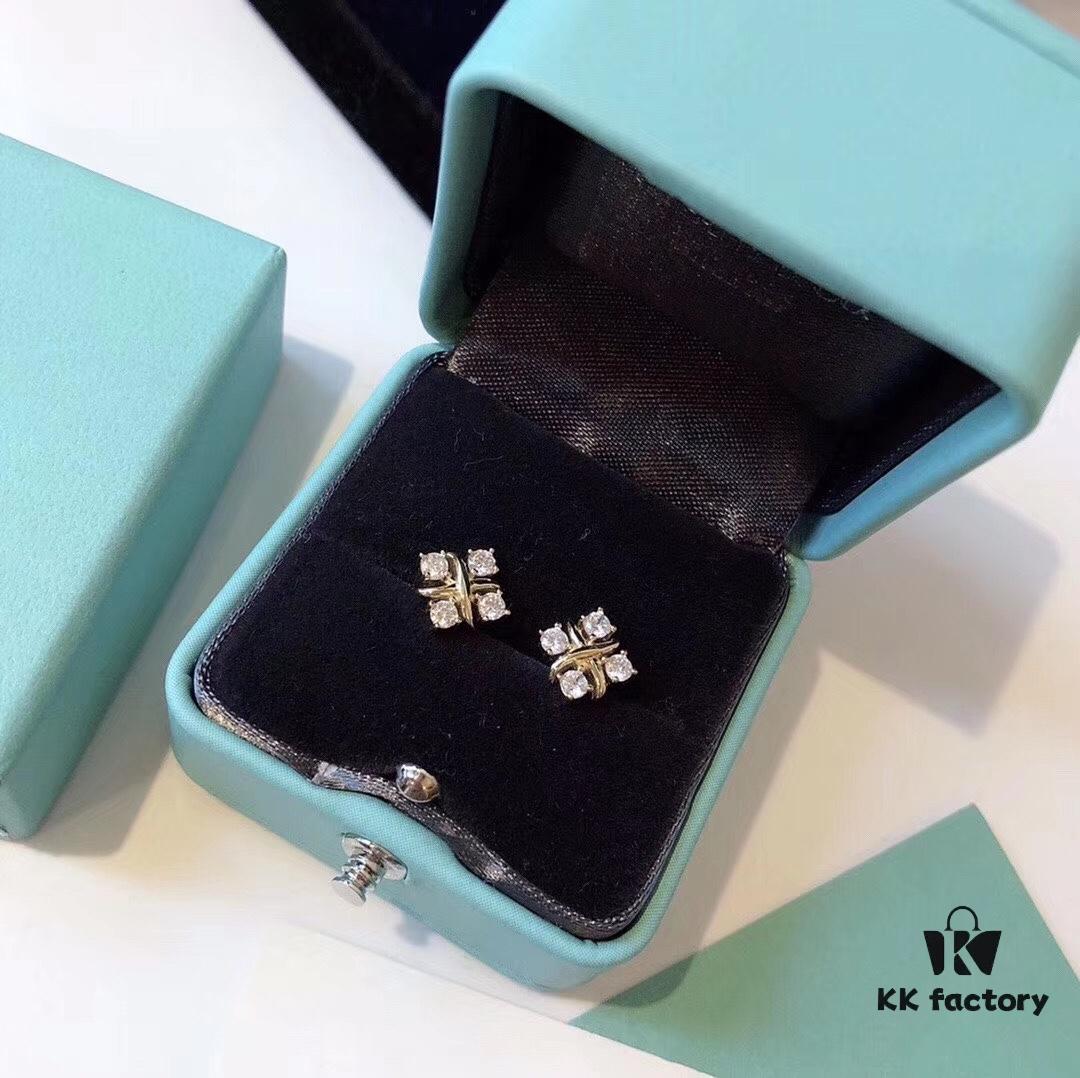 692fd6eb99f2d84055c8aa12 Tiffany & Co. Schlumberger Collection Cross Four-Diamond Stud Earrings, Minimalist and Versatile, Yellow Gold Tone, Premium S925 Sterling Silver Plated with 14K Gold, Dual-Tone Plating
