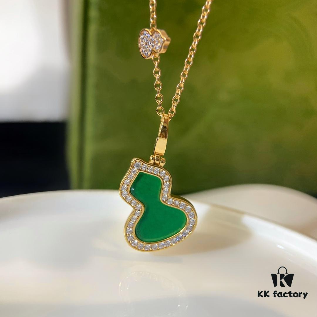 Exquisitely Crafted Gourd Pendant Necklace with Hand-Set Stones in V-Gold