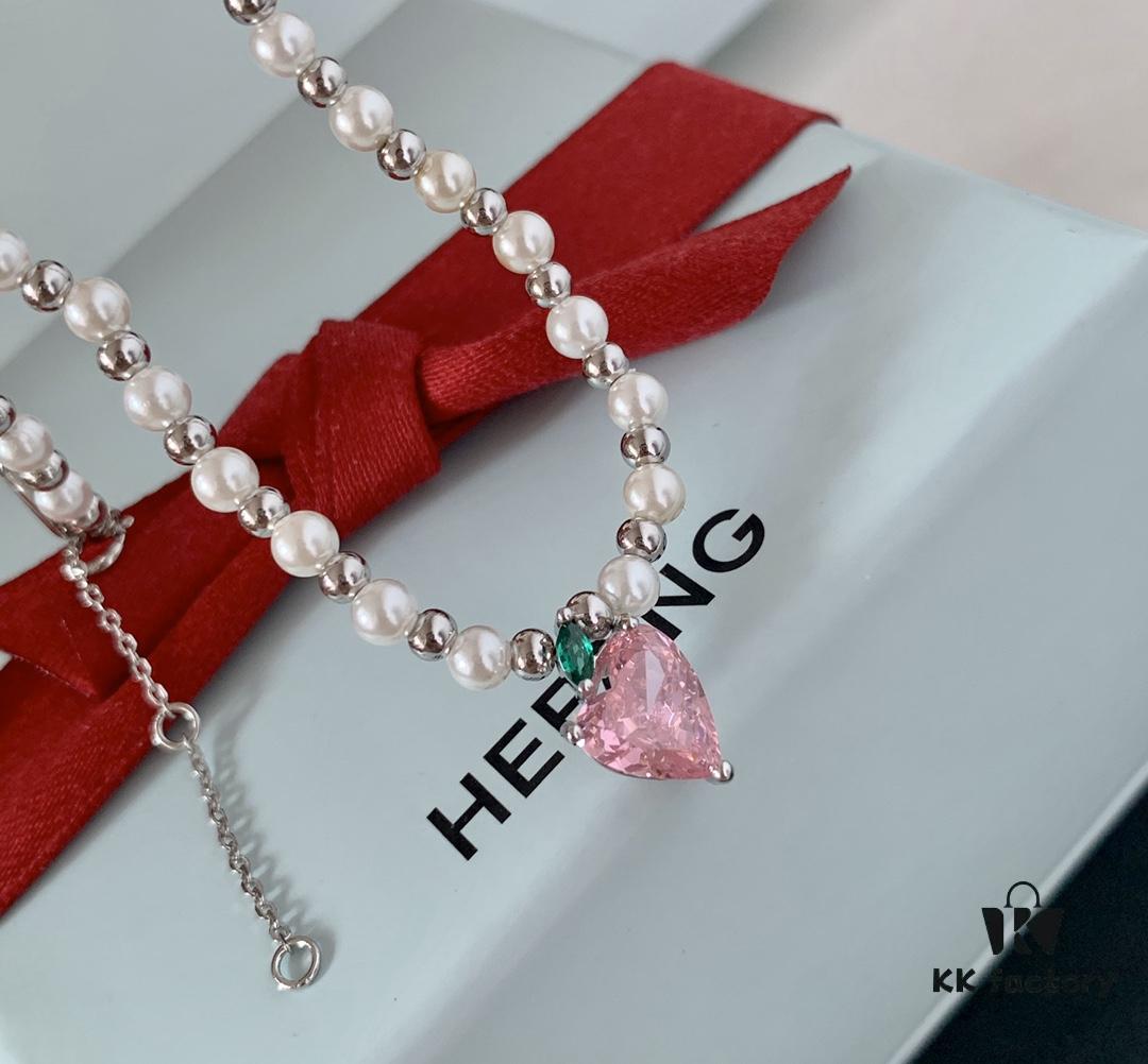 692fdd0b99f2d84055c8b3d3 HEFANG Jewelry Peach Juice Ice Short Necklace, 925 Sterling Silver Love Pendant Collar Chain, Xiaomi Beads Necklace, Same Style as Shen Mengchen