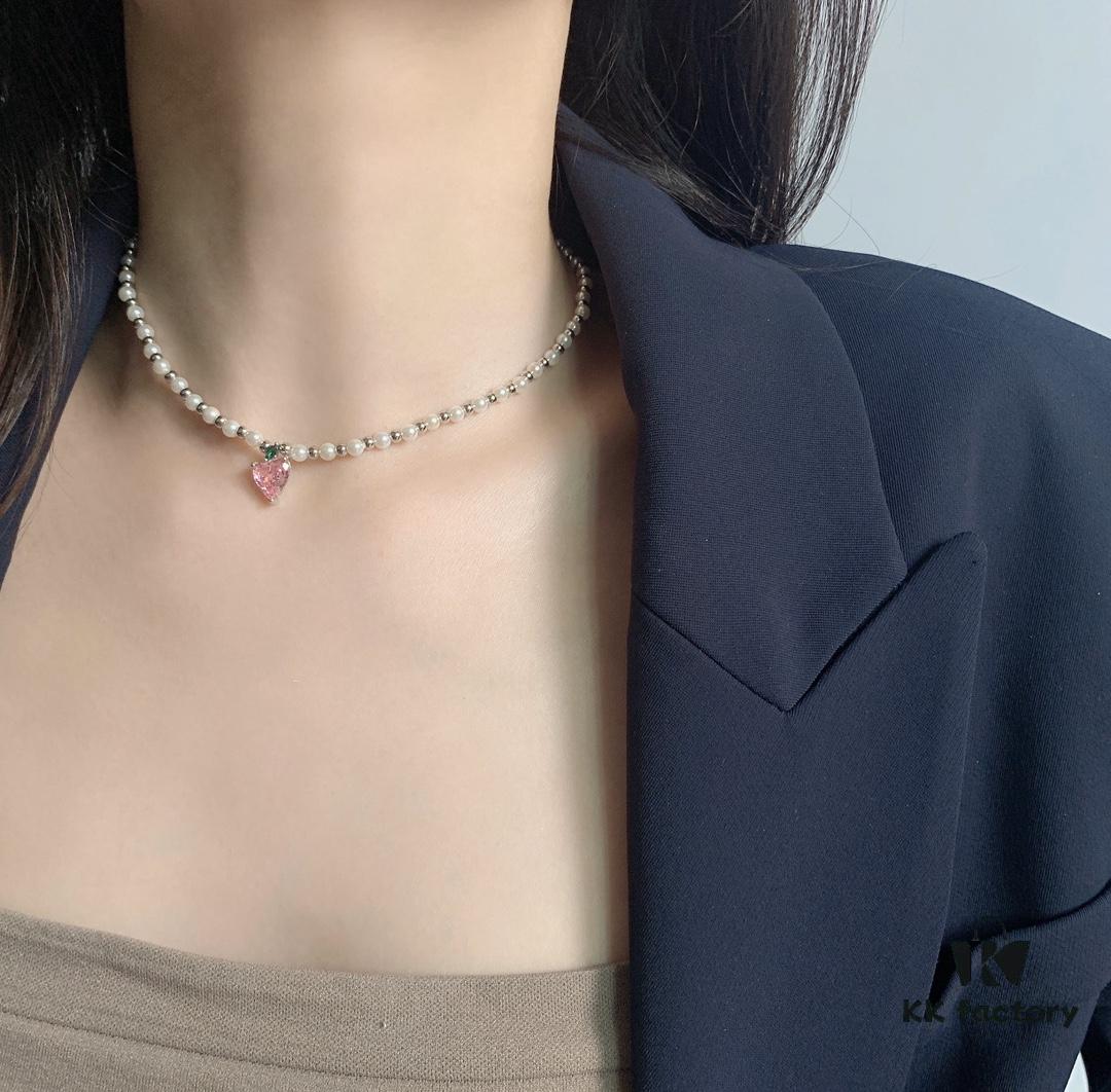 692fdd1899f2d84055c8b3e7 HEFANG Jewelry Peach Juice Ice Short Necklace, 925 Sterling Silver Love Pendant Collar Chain, Xiaomi Beads Necklace, Same Style as Shen Mengchen