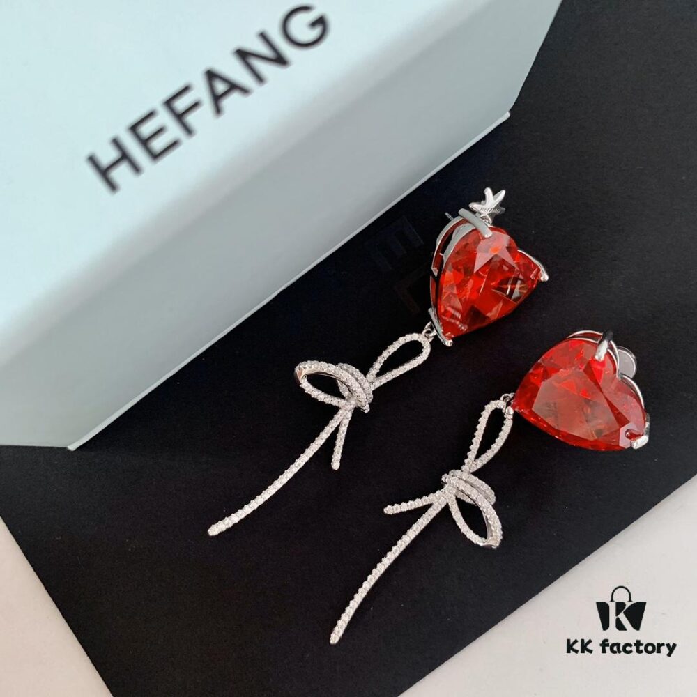 692fdd1999f2d84055c8b3ea HEFANG Jewelry Red Heart Ribbon Earrings, High-Grade Silver with Logo