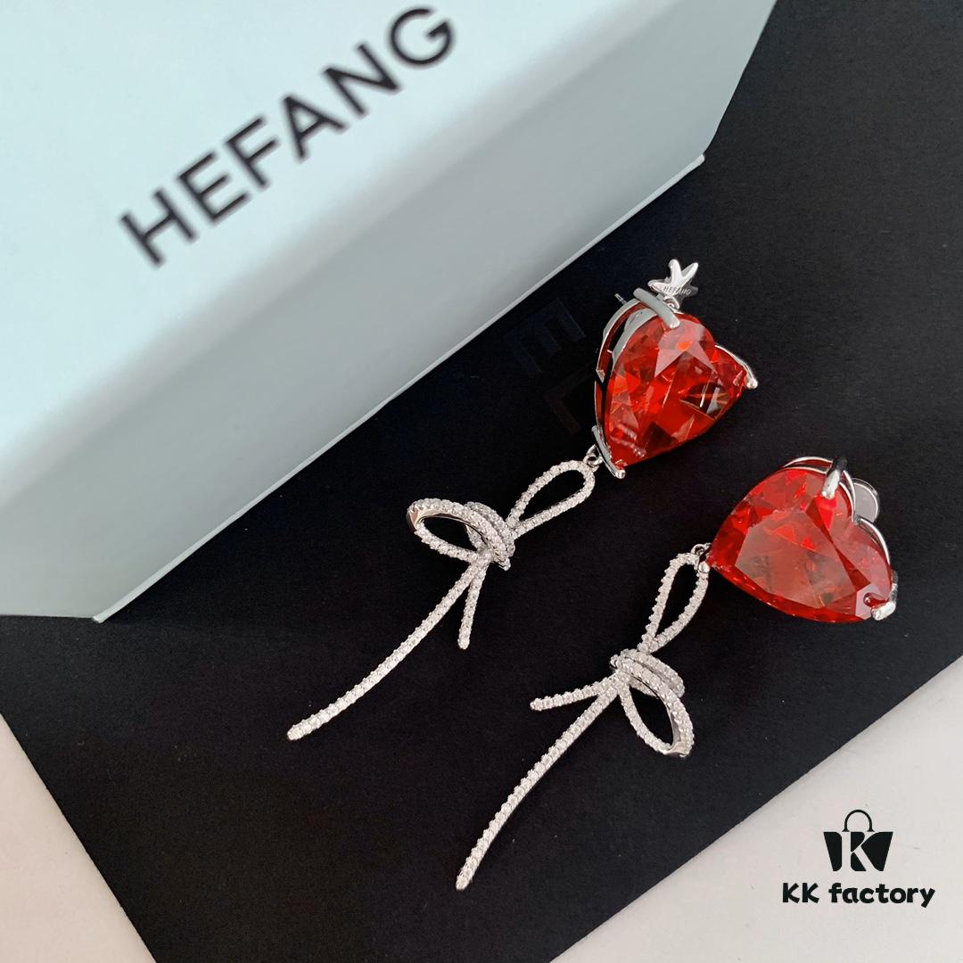 692fdd1999f2d84055c8b3ea HEFANG Jewelry Red Heart Ribbon Earrings, High-Grade Silver with Logo