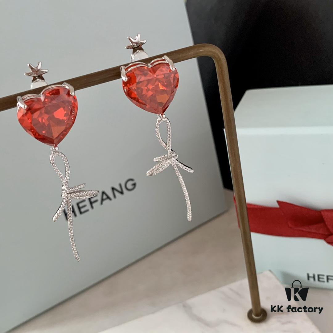 692fdd1b99f2d84055c8b3ed HEFANG Jewelry Red Heart Ribbon Earrings, High-Grade Silver with Logo