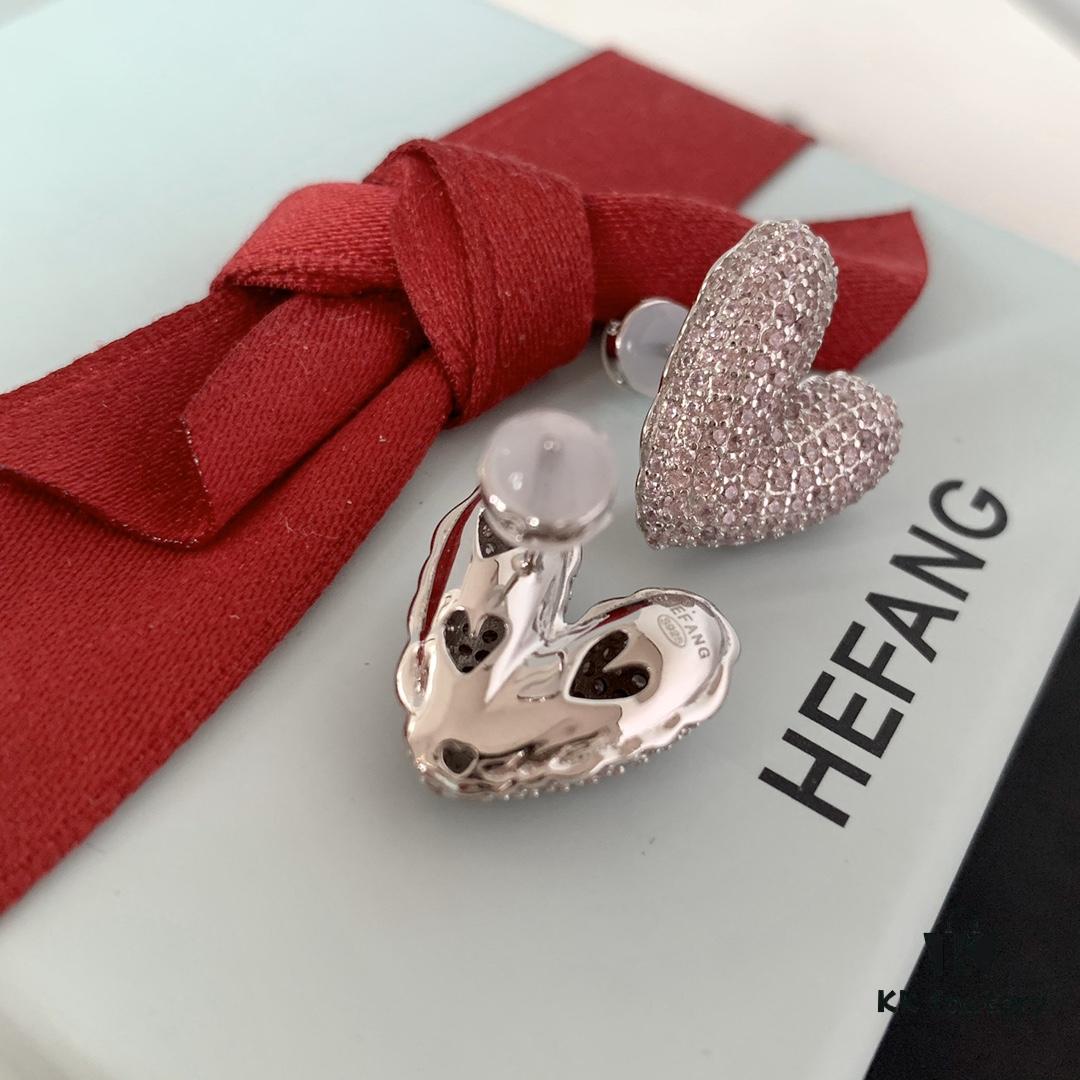HEFANG Jewelry - Love Balloon Pink Heart Full Diamond Stud Earrings, High-Grade Sterling Silver with Logo