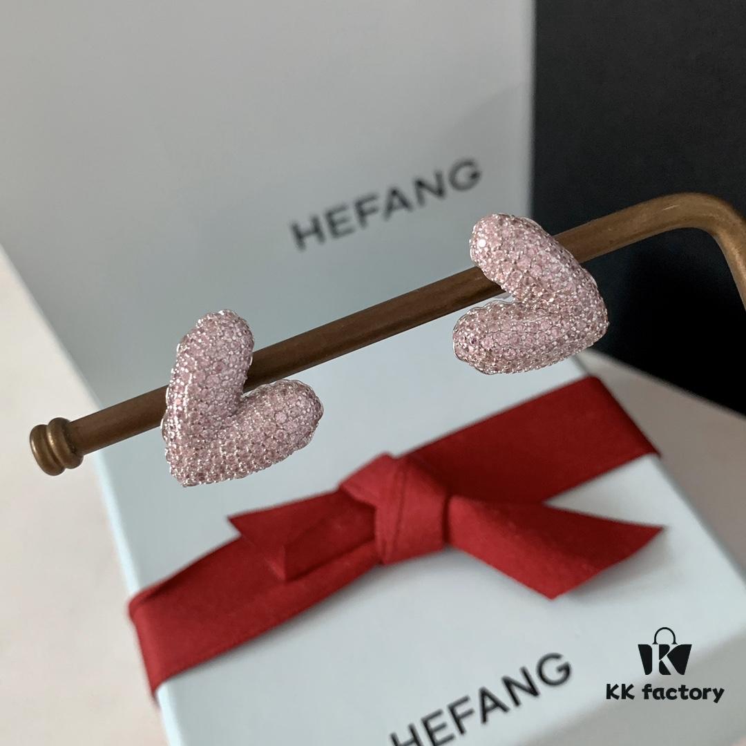 HEFANG Jewelry - Love Balloon Pink Heart Full Diamond Stud Earrings, High-Grade Sterling Silver with Logo