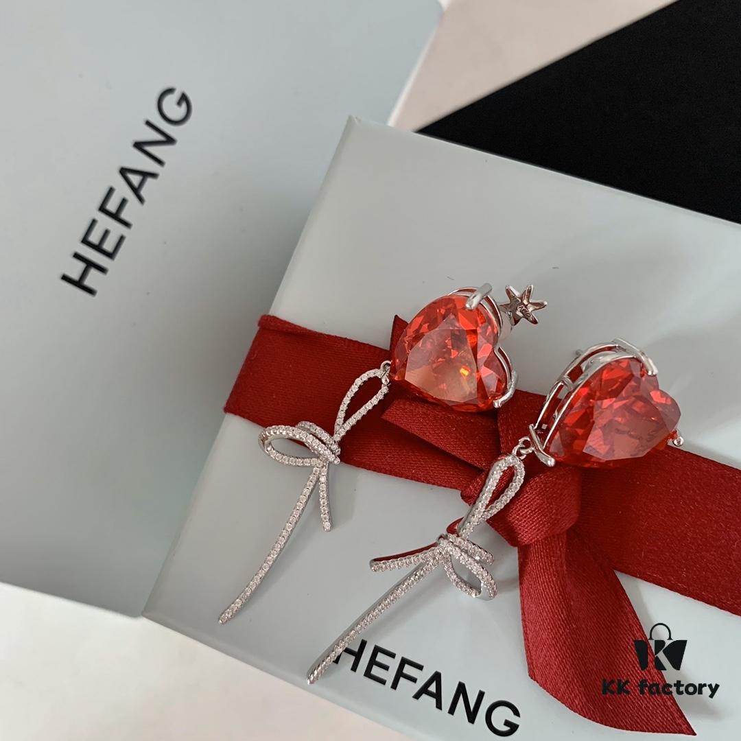 692fdd2999f2d84055c8b40d HEFANG Jewelry Red Heart Ribbon Earrings, High-Grade Silver with Logo