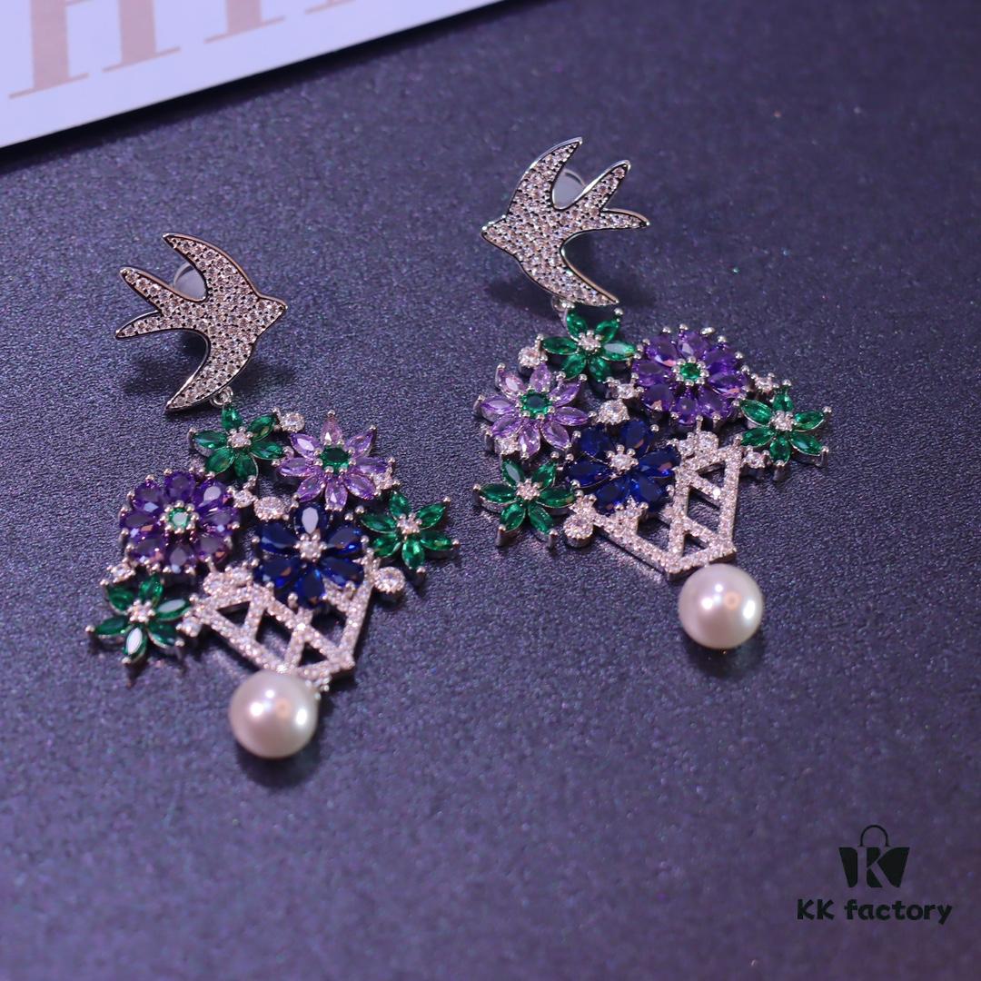 692fded499f2d84055c8b6a6 Hexagon New Arrival Garden Series Flower Basket Swallow Earrings, Honey Iris Studs