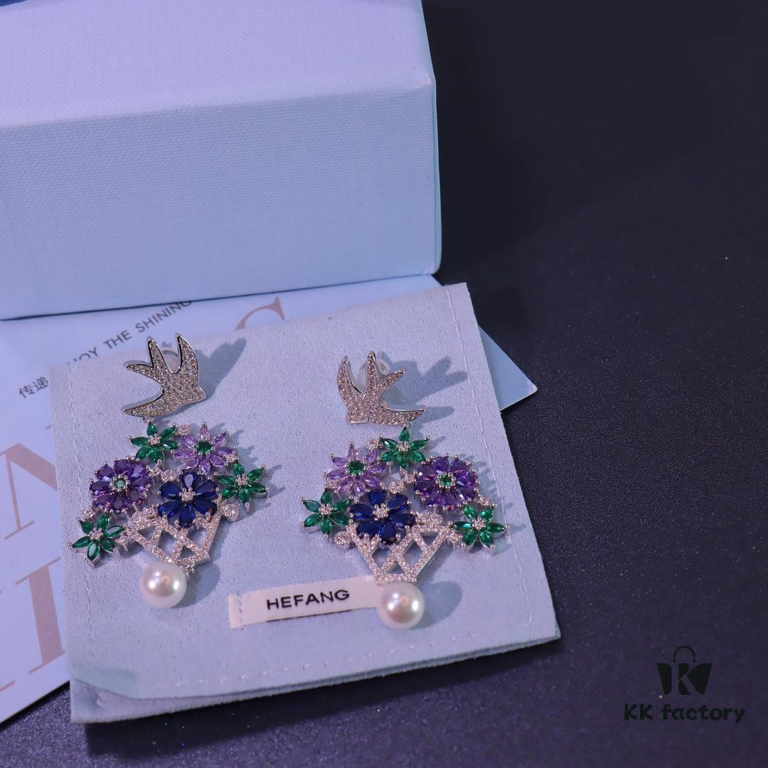 692fded999f2d84055c8b6ac Hexagon New Arrival Garden Series Flower Basket Swallow Earrings, Honey Iris Studs