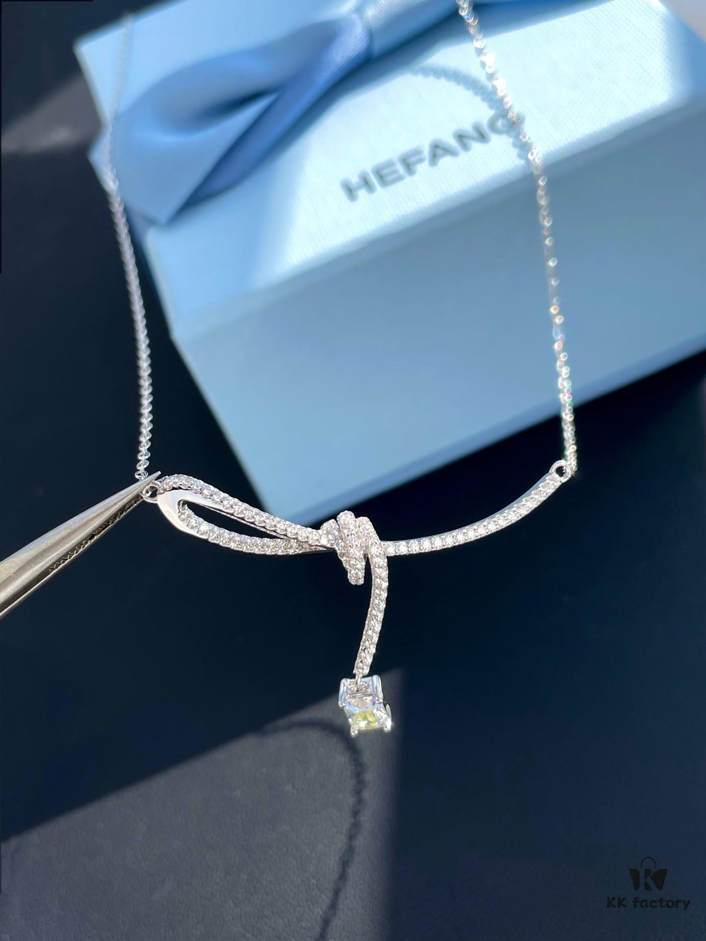 692fdf9299f2d84055c8b773 He Fang Aurora Ribbon Knot Collarbone Necklace, Exquisitely Crafted from S925 Silver with Shimmering Diamond Accents and Colorful Iridescent Cube Pendant