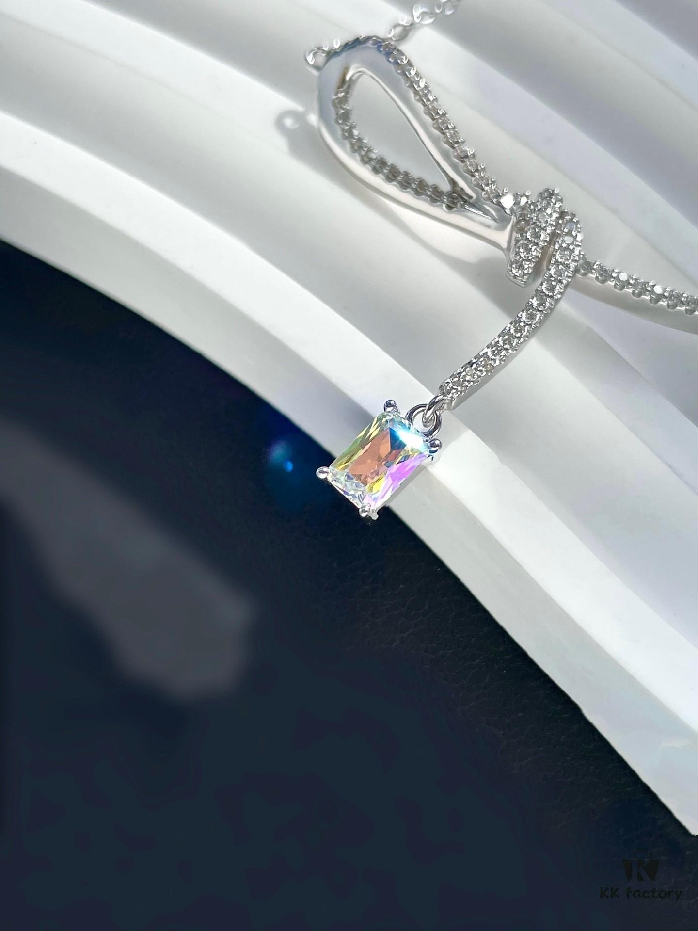 692fdf9399f2d84055c8b774 He Fang Aurora Ribbon Knot Collarbone Necklace, Exquisitely Crafted from S925 Silver with Shimmering Diamond Accents and Colorful Iridescent Cube Pendant