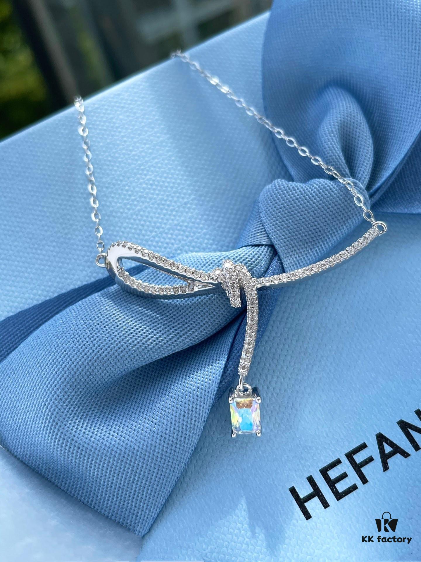 692fdfb599f2d84055c8b7ad He Fang Aurora Ribbon Knot Collarbone Necklace, Exquisitely Crafted from S925 Silver with Shimmering Diamond Accents and Colorful Iridescent Cube Pendant