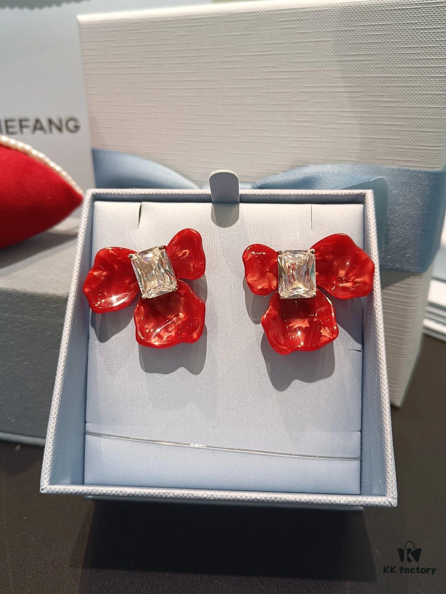 New HEFANG Red Iris Sugar Cube Earrings