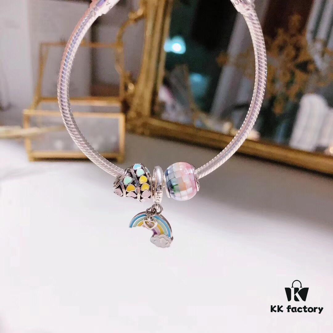 Pandora Rainbow Colorful New Arrival Hollow Gradual Heart Charm, S925 Silver Iridescent Bead with Boutique Packaging