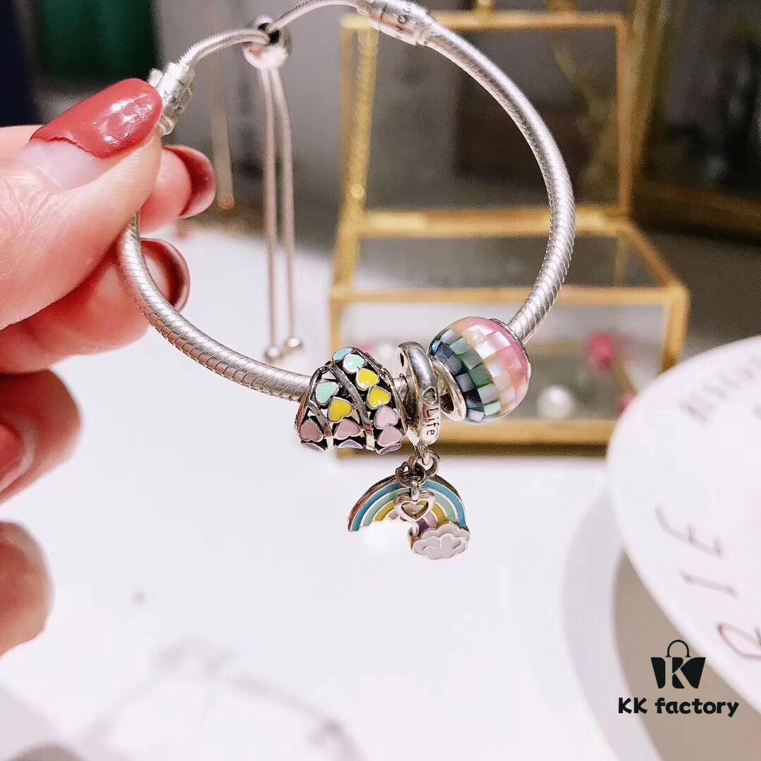 Pandora Rainbow Colorful New Arrival Hollow Gradual Heart Charm, S925 Silver Iridescent Bead with Boutique Packaging