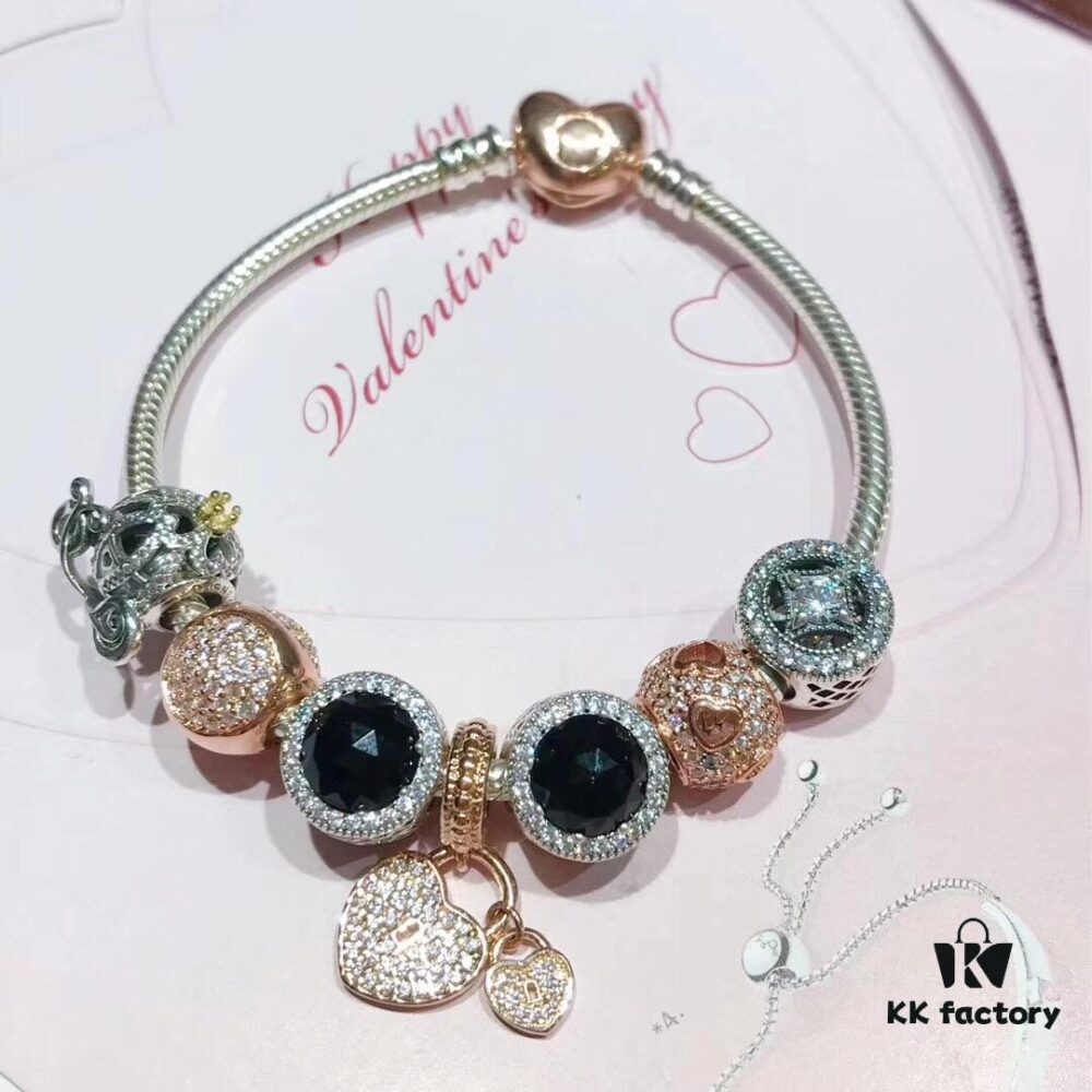 692fe15e99f2d84055c8ba43 Pandora Cool Black Rose Double Heart Dual Charm Bracelet - Premium Replica with Authentic Materials
