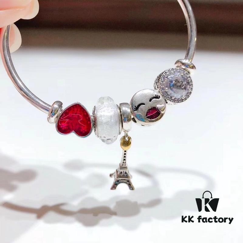 692fe17099f2d84055c8ba65 Pandora Pandora Colorful World New Arrival! White Faceted Glass, Sparkling Diamond-Cut Cat Eye Bead, Color-Block Smiling Lip Charm Paired with Valentine's Day Heart Enamel Bead and Romantic Eiffel Tower Pendant, Made with S925 Silver and Official Packaging