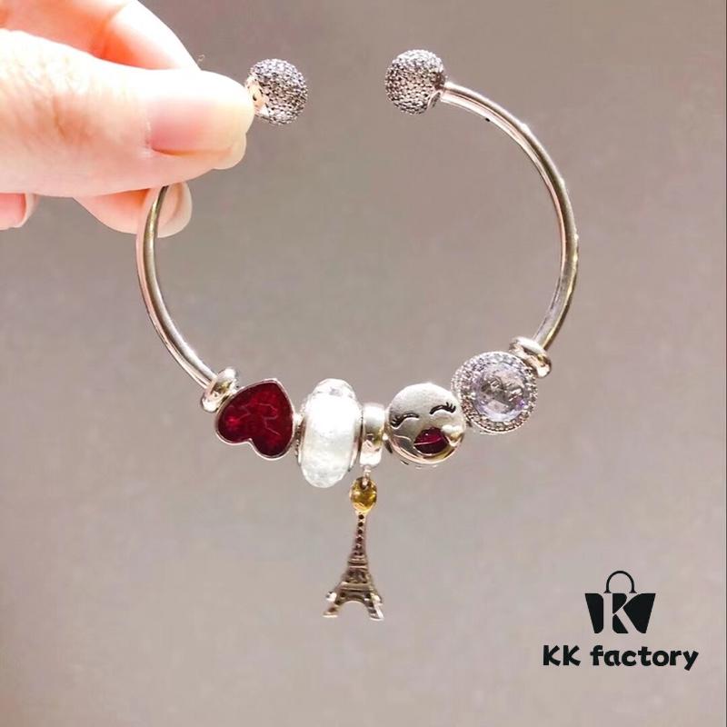 692fe17199f2d84055c8ba66 Pandora Pandora Colorful World New Arrival! White Faceted Glass, Sparkling Diamond-Cut Cat Eye Bead, Color-Block Smiling Lip Charm Paired with Valentine's Day Heart Enamel Bead and Romantic Eiffel Tower Pendant, Made with S925 Silver and Official Packaging