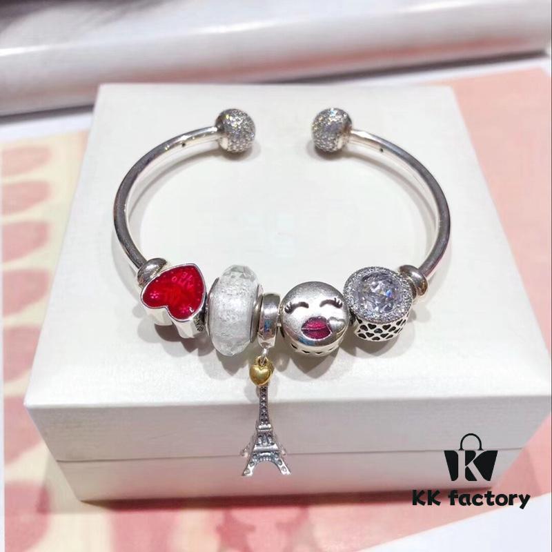 692fe17a99f2d84055c8ba77 Pandora Pandora Colorful World New Arrival! White Faceted Glass, Sparkling Diamond-Cut Cat Eye Bead, Color-Block Smiling Lip Charm Paired with Valentine's Day Heart Enamel Bead and Romantic Eiffel Tower Pendant, Made with S925 Silver and Official Packaging