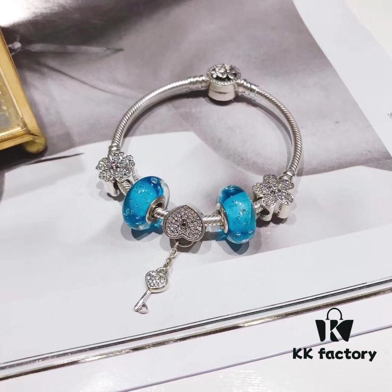 Pandora Bubble Blue Sparkling Diamond Heart Lock and Key Pendant