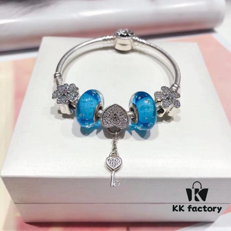 Pandora Bubble Blue Sparkling Diamond Heart Lock and Key Pendant