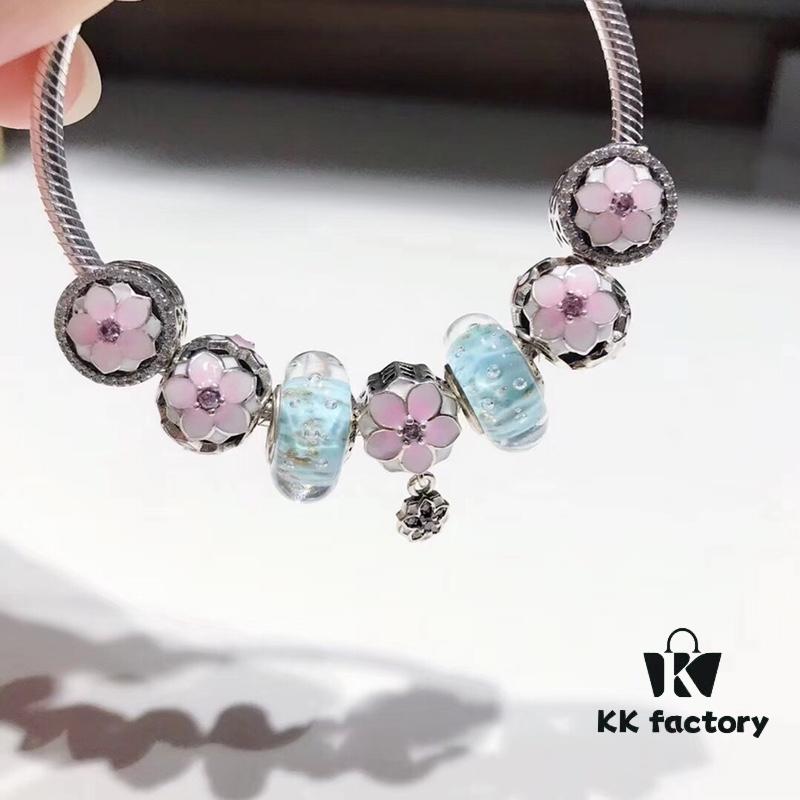 692fe1f099f2d84055c8bb9e Special Offer! Pandora Golden Thread Light Mint Pink Peach Blossom Design Bracelet