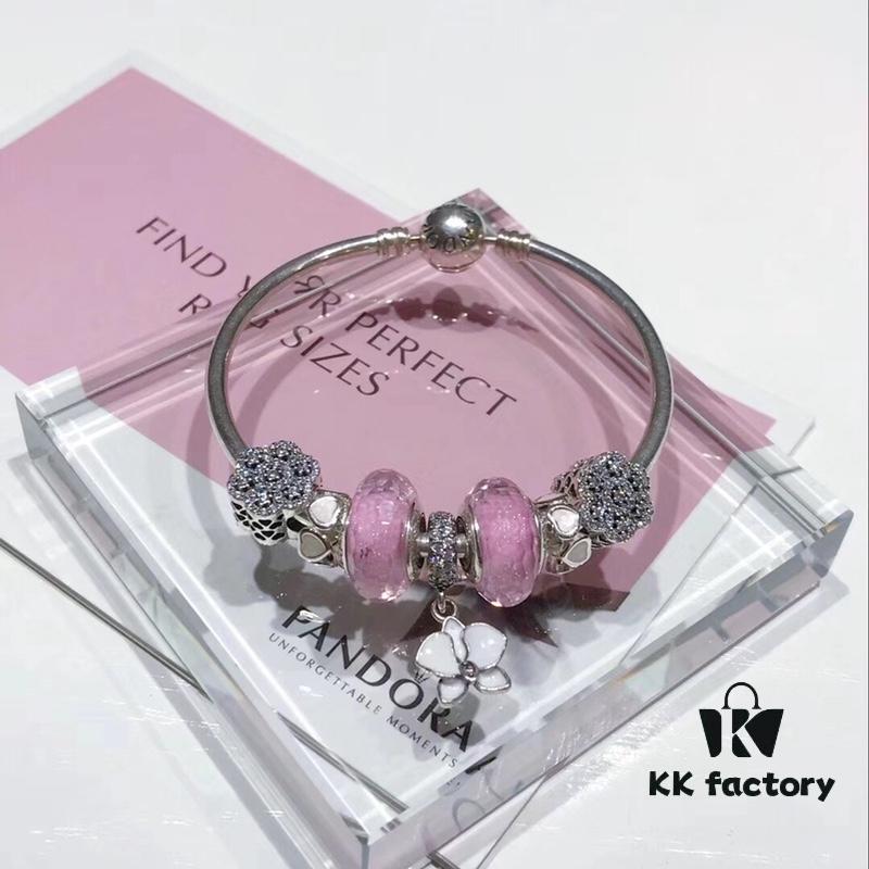 692fe24499f2d84055c8bc49 Pandora Silver Pink Elegant Orchid New Arrival! Silver pink faceted glass beads, heart spacer bead, elegant orchid pendant, sparkling diamond-like snowflake charm, S925 silver with official boutique packaging!