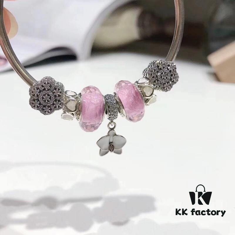692fe25f99f2d84055c8bc88 Pandora Silver Pink Elegant Orchid New Arrival! Silver pink faceted glass beads, heart spacer bead, elegant orchid pendant, sparkling diamond-like snowflake charm, S925 silver with official boutique packaging!