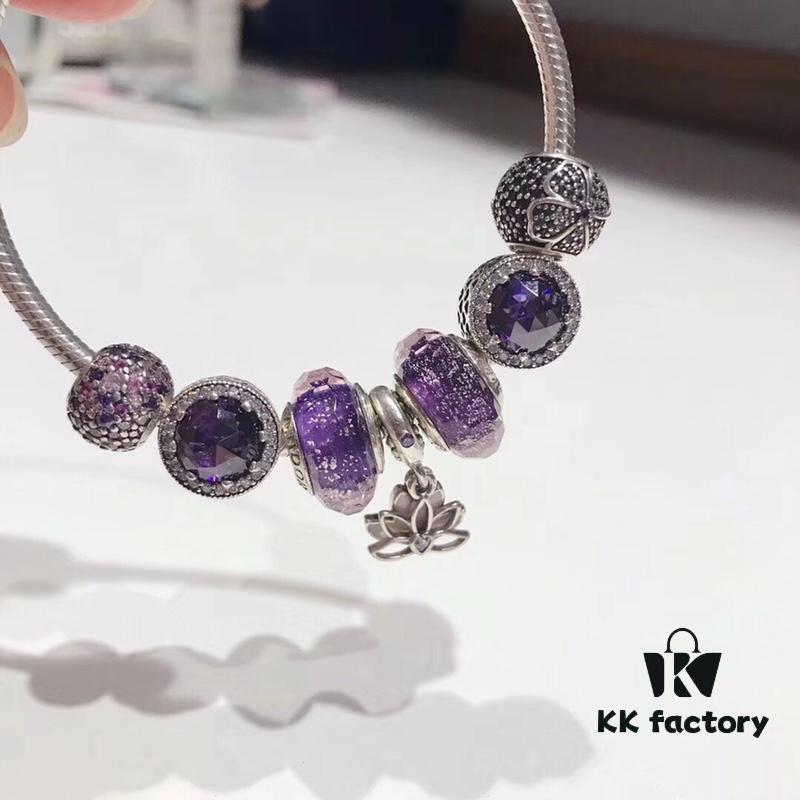 692fe26599f2d84055c8bc98 Pandora Imitation Level Purple Calm Lotus New Arrival! Silver Wire Purple Faceted Glass, Deep Purple Shiny Heart, Calm Lotus Design, S925 Silver with Original Packaging