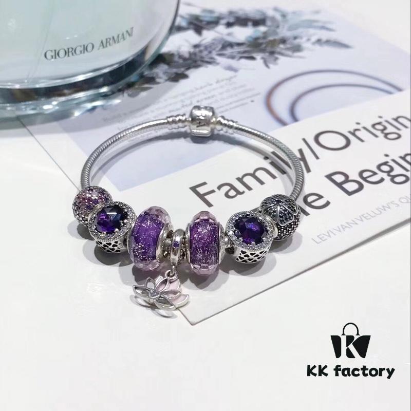 692fe26599f2d84055c8bc9c Pandora Imitation Level Purple Calm Lotus New Arrival! Silver Wire Purple Faceted Glass, Deep Purple Shiny Heart, Calm Lotus Design, S925 Silver with Original Packaging