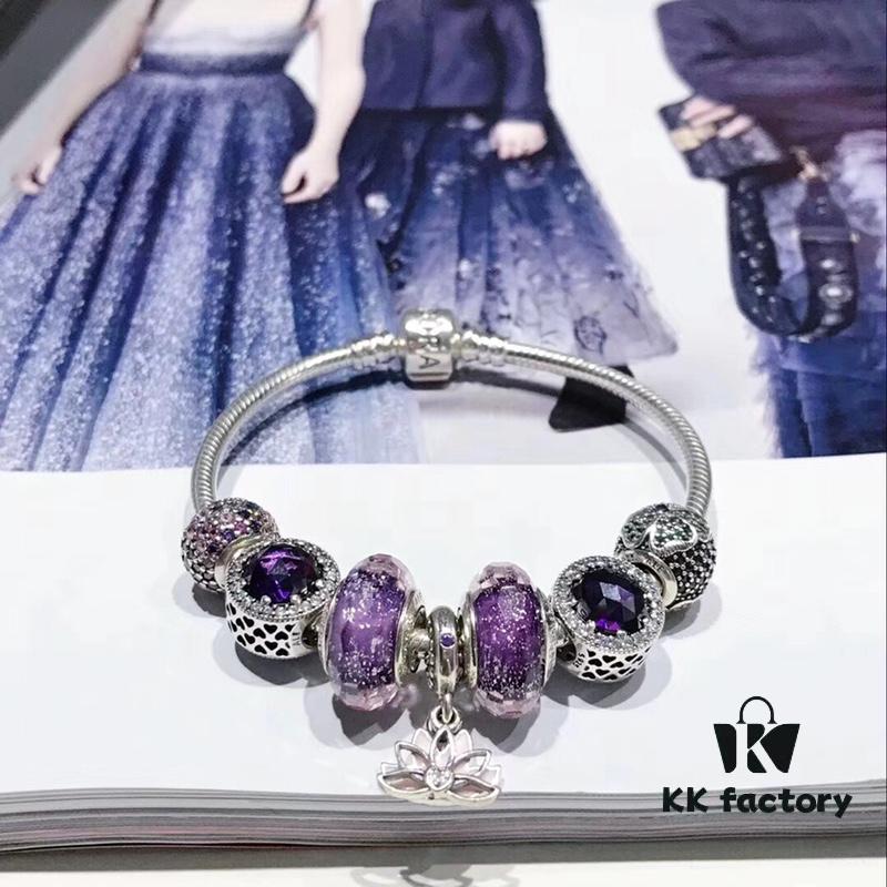 692fe26699f2d84055c8bc9e Pandora Imitation Level Purple Calm Lotus New Arrival! Silver Wire Purple Faceted Glass, Deep Purple Shiny Heart, Calm Lotus Design, S925 Silver with Original Packaging