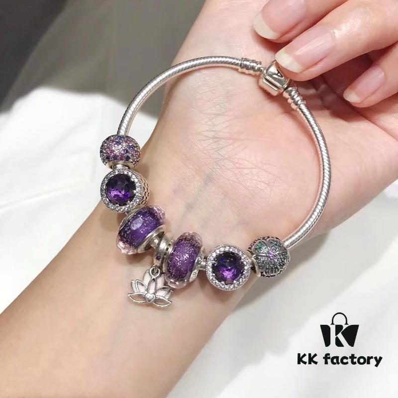 692fe27299f2d84055c8bcb9 Pandora Imitation Level Purple Calm Lotus New Arrival! Silver Wire Purple Faceted Glass, Deep Purple Shiny Heart, Calm Lotus Design, S925 Silver with Original Packaging