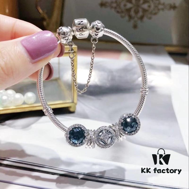 692fe3dc99f2d84055c8bf43 Pandora Pandora's Starry Sky Horizon New Arrival Elegant Dark Blue Flash Diamond Cat Eye Bracelet with Lucky Coin Charm and Heart Safety Chain in S925 Silver