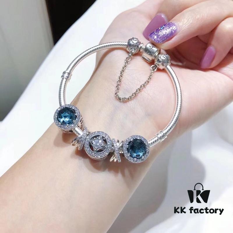 692fe3dc99f2d84055c8bf46 Pandora Pandora's Starry Sky Horizon New Arrival Elegant Dark Blue Flash Diamond Cat Eye Bracelet with Lucky Coin Charm and Heart Safety Chain in S925 Silver