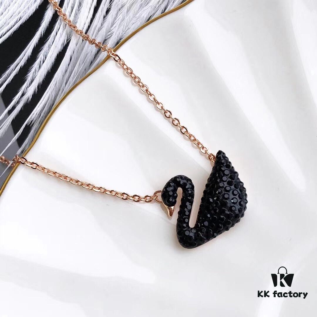 692fe6a599f2d84055c8c4aa Swarovski Black Swan Necklace, Classic Design with 18K Rose Gold Plating and Black Crystals, 38cm Chain Length