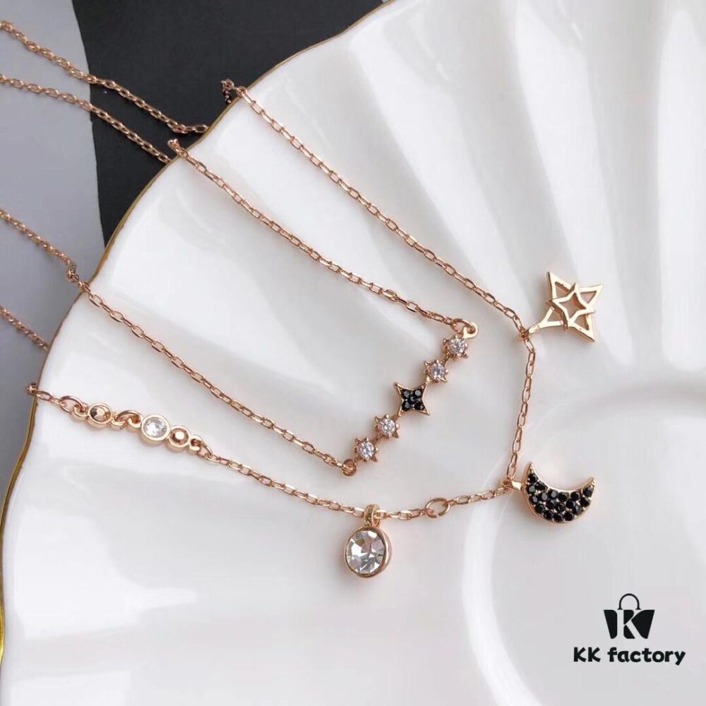 692fe6be99f2d84055c8c4c9 Summer Stylish Choker – Same Style as Jiang Shuying, Swarovski Star and Moon Dual Pendant Necklace with 18K Rose Gold Plated Alloy Chain