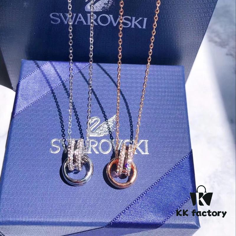 Authentic Swarovski Double Ring Necklace - New Arrival, featuring genuine materials and original lobster clasp, double ring interlocking design with Swarovski crystals, available in two colors
