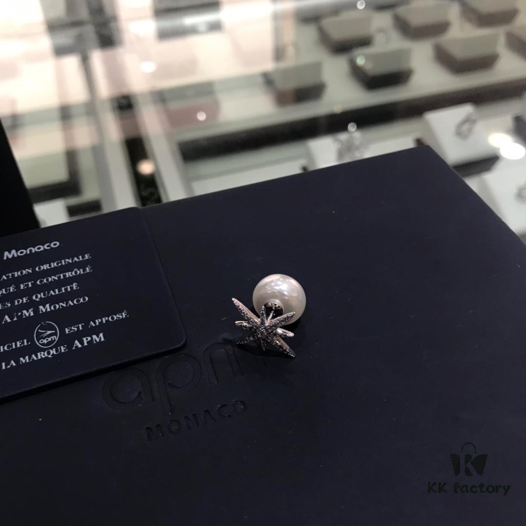 APM Monaco Pearl Earrings Star Octagon Diamond-Paved Gift Single Piece Korean Style Elegant Fashion Shiny