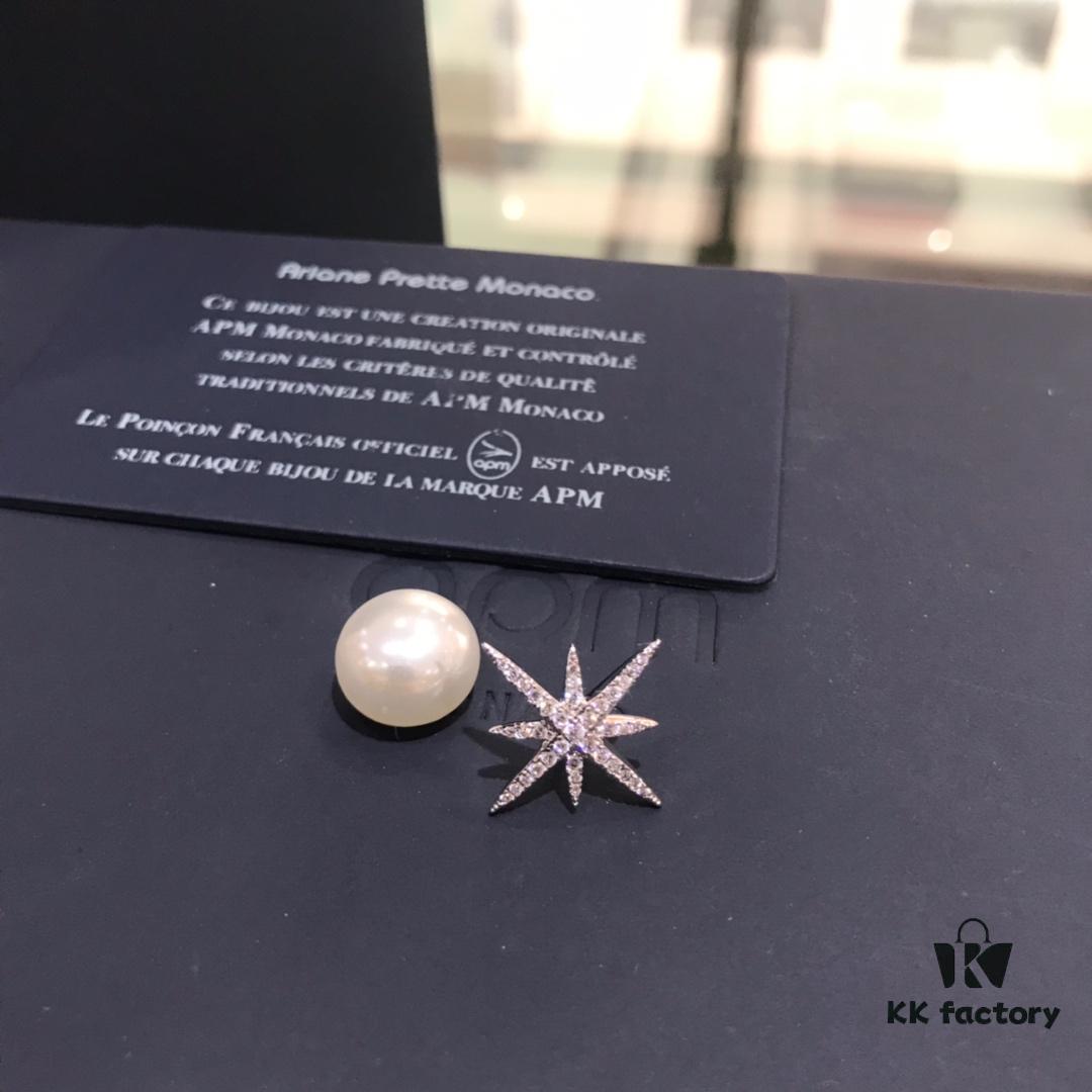 APM Monaco Pearl Earrings Star Octagon Diamond-Paved Gift Single Piece Korean Style Elegant Fashion Shiny