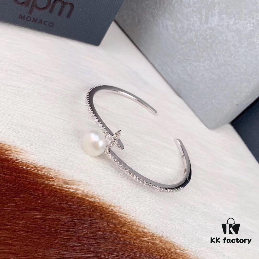 692fe7a499f2d84055c8c65c APM Monaco Sterling Silver Crystal Pearl Open Bangle Bracelet, Summer New Arrival Fashion Minimalist Jewelry