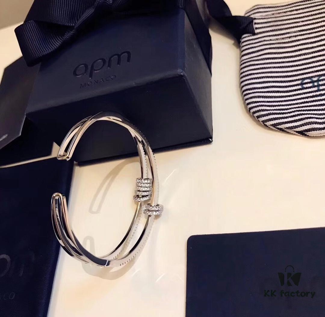 APM Monaco Style Full Diamond Round Open Bangle Bracelet, Double Layer Piercing Cuff, Elegant and Charming