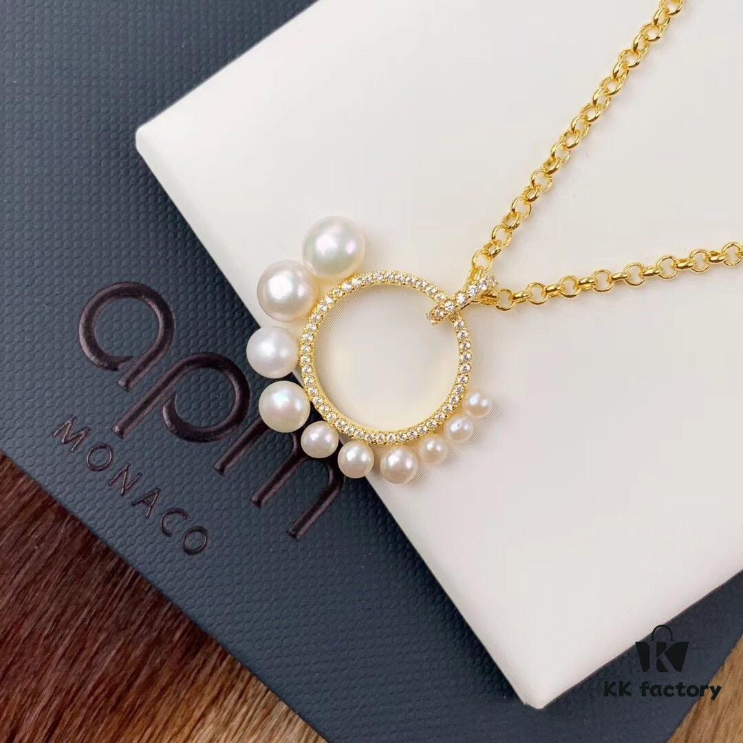 692fe7b399f2d84055c8c675 APM Monaco Gold-Tone Sterling Silver Crystal-Paved Pearl Necklace for Women, Pendant Collar Chain with Adjustable Length