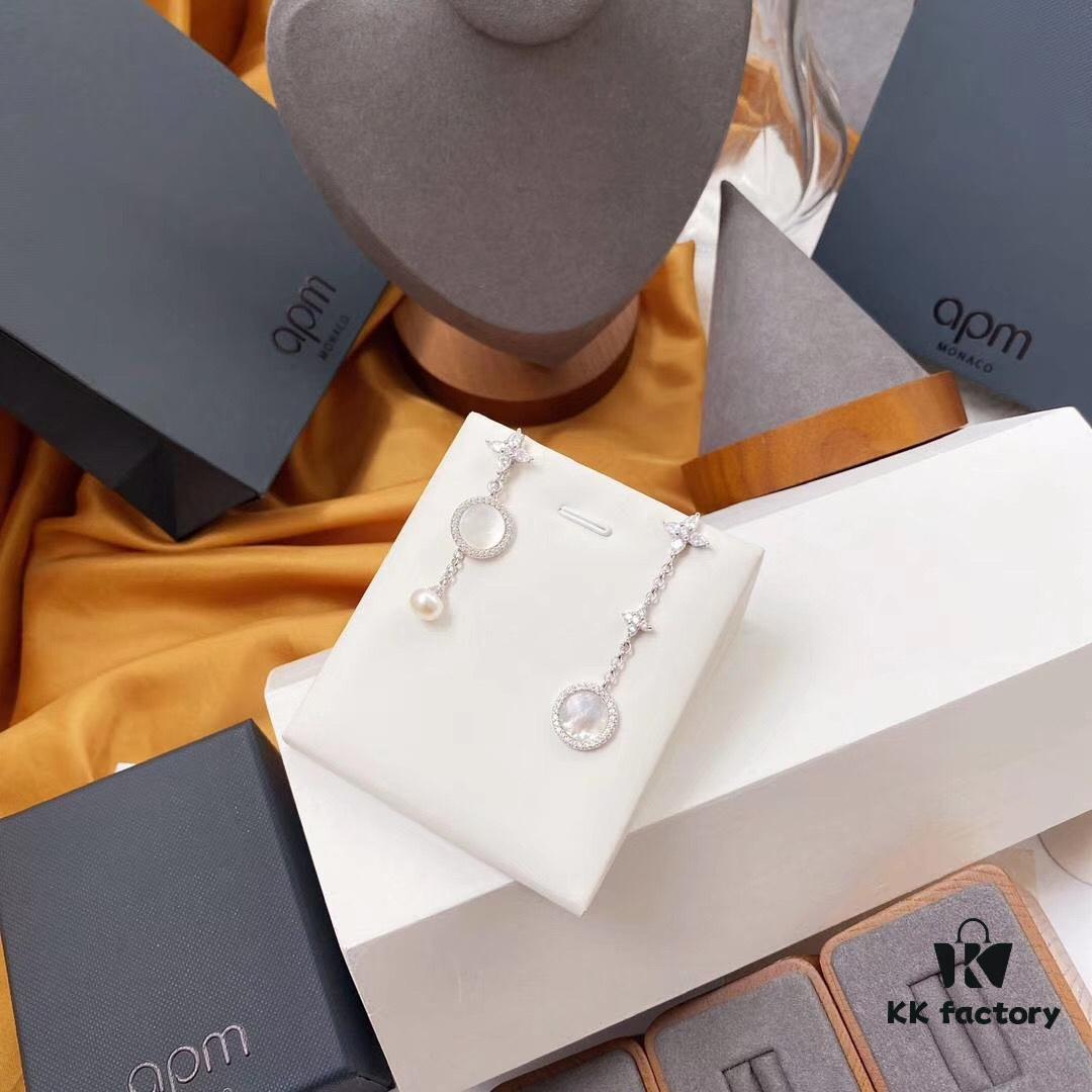 692fea2099f2d84055c8ca8e APM Monaco Mother-of-Pearl and Pearl Drop Earrings for Women, Asymmetric Luxury Jewelry, Elegant Long Dangle Earrings for Fall/Winter Events
