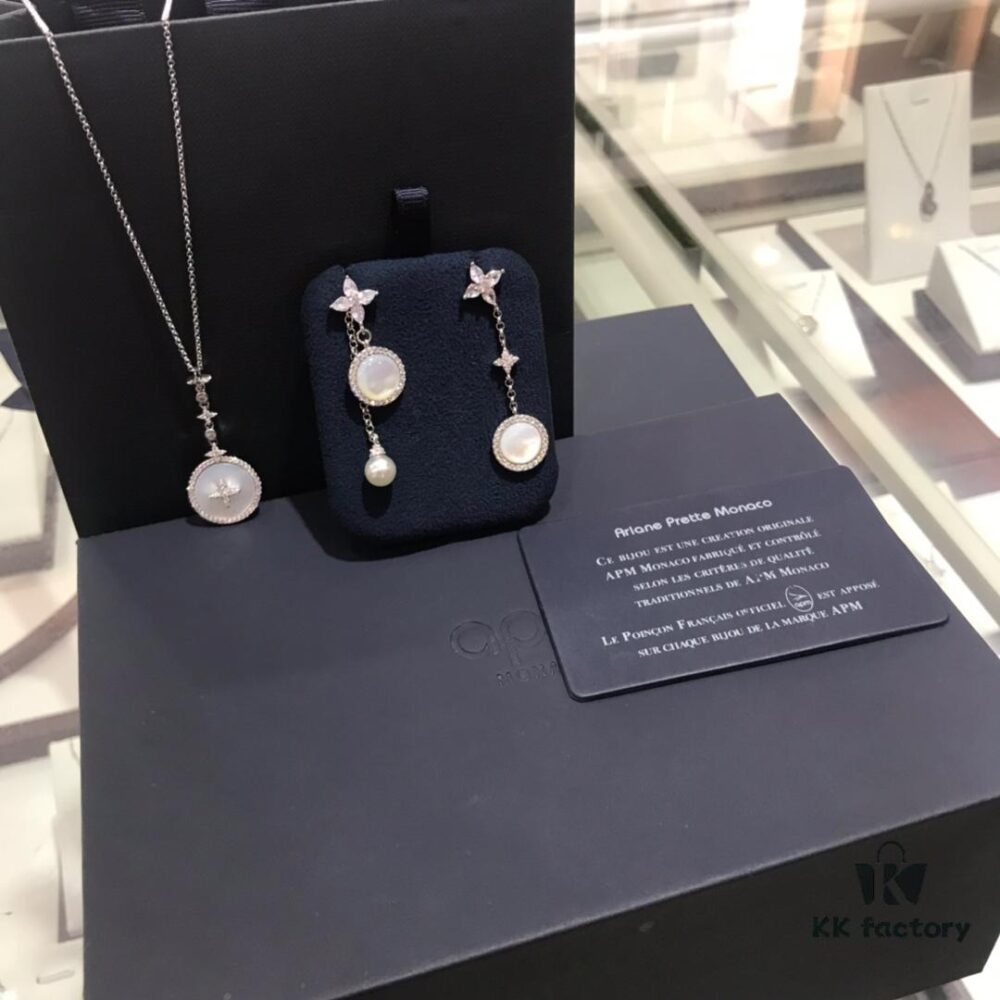 692fea2b99f2d84055c8caa0 APM Monaco White Mother-of-Pearl Necklace and Dangle Earrings Set – Original Release, New Arrival 💗