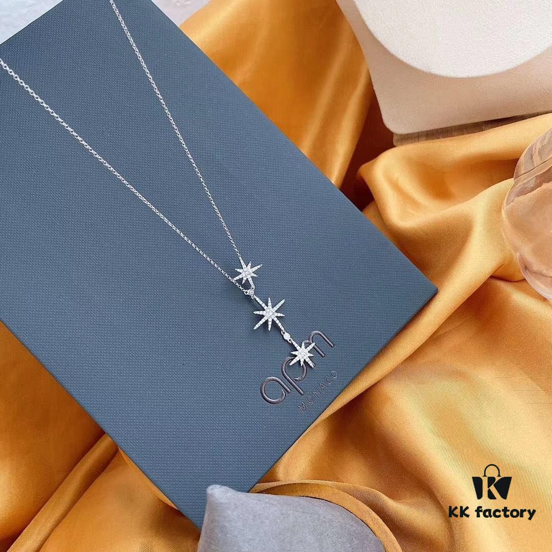 692fea3a99f2d84055c8caba APM Monaco Minimalist Three Shooting Stars Necklace for Women, Six-Pointed Star Collar Chain, Silver Pendant for Sweaters, Elegant Party Jewelry